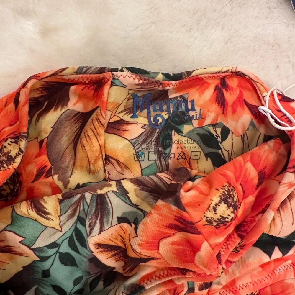 Show Me Your Mumu Orange Floral Bikini Set with Green Leaf Print Size small NWT